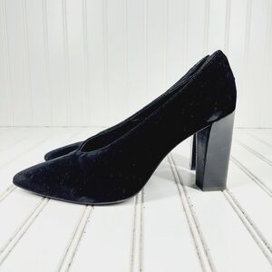 Lafayette 148 New York Black Velvet Slip On Pointy Toe Block High Heels R635